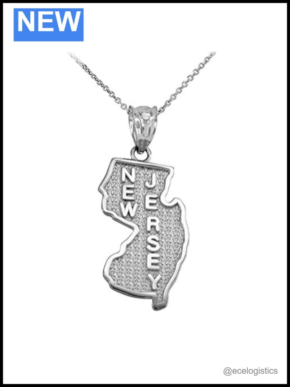 Sterling Silver New Jersey State Map Pendant Necklace 18"